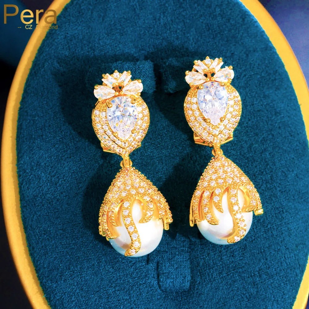 

Pera CZ Luxury Baroque Wedding Long Pearl Dangle Earrings Full Shiny CZ Pave Women Engagement Party Jewelry pendiente mujer E316