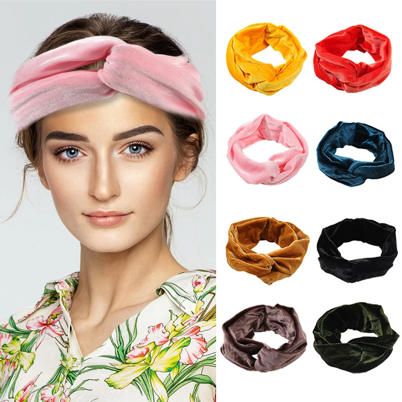 

Soft Gold Velvet Cross Knotted Headband Women Wide Elastic Turban Hairband Winter Headwrap Yoga Sport Hair Accessories Bandanas