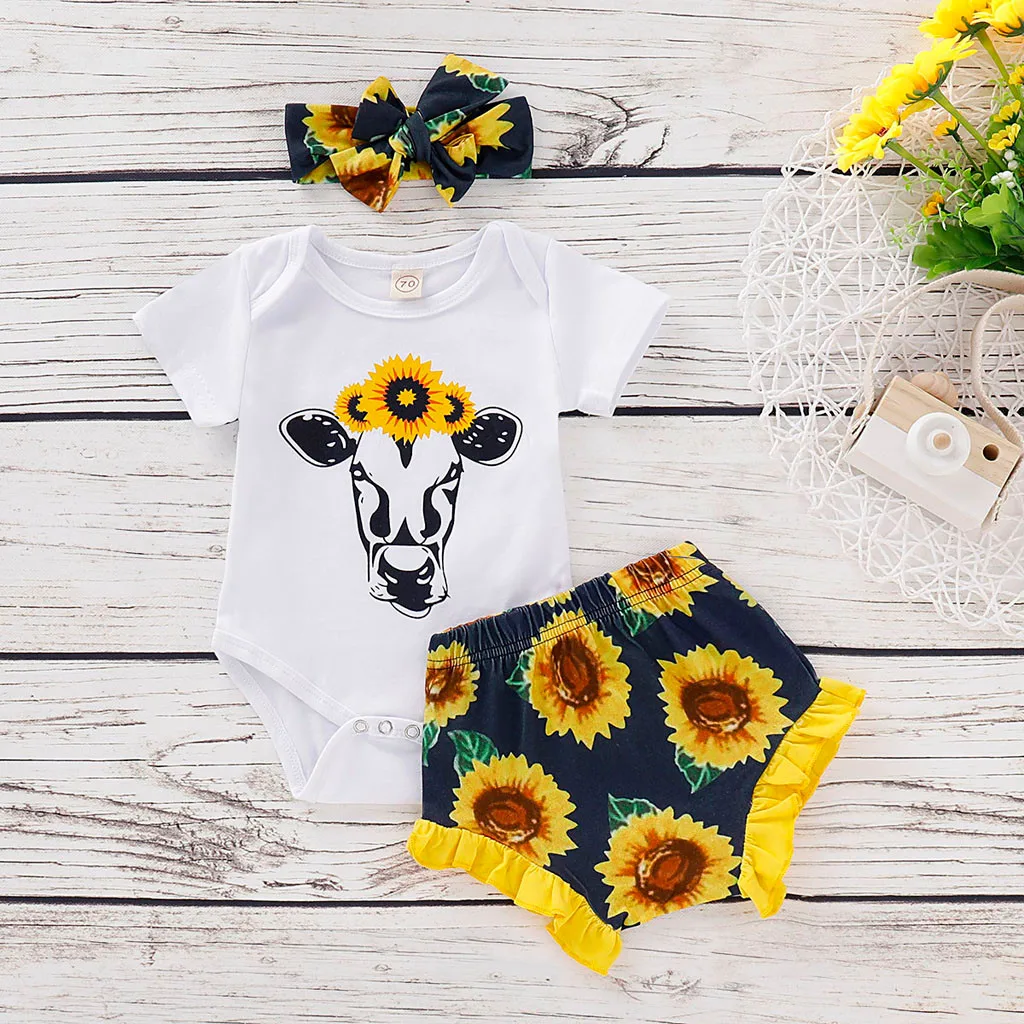 

3-24M Newborn Baby Girl Clothes Set Cute Cartoon Cow Bodysuits Sunflower Print Shorts 3pcs Casual Infant Summer Outfit 2022
