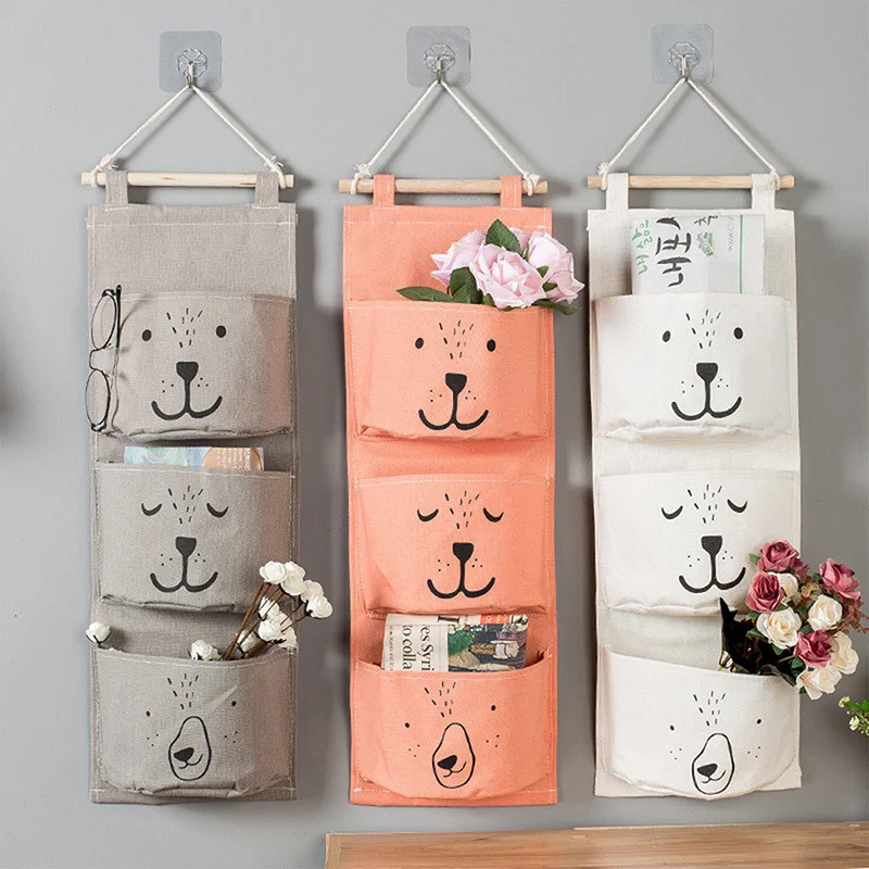 

3 Pockets Cute Wall Mounted Storage Bag Closet Organizer Clothes Hanging Storage Bag Children Room Pouch Home Decor#ww