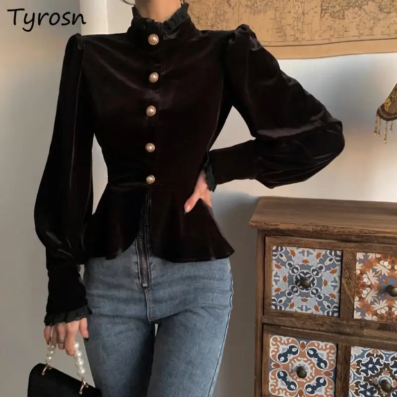 

Shirts Women Design Ruffles Stand Collar Long Sleeve Blouses French Style Temperament Slim Defined Waist Velvet Solid Tops Lady