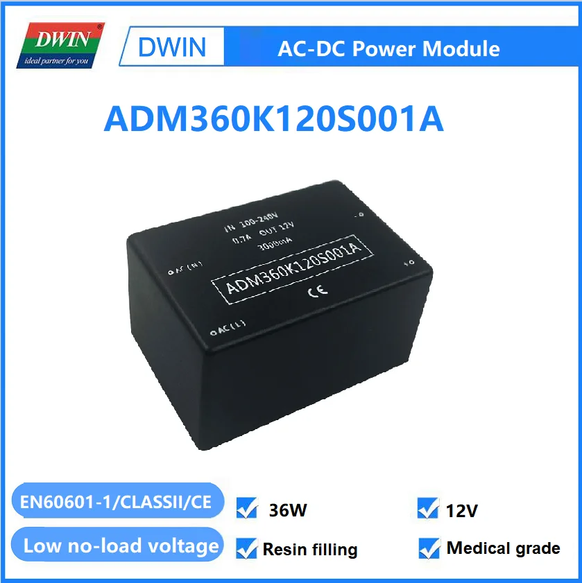 

DWIN AC/DC 12V 36W Low Power Consumption Wide Voltage Input, High Integration Medical Resin Filling Module ADM360K120S001A