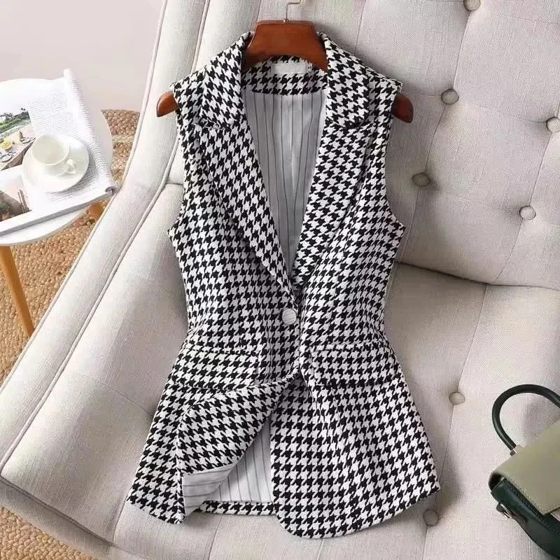 

Temperament Fashion Houndstooth Short Vest Cardigan Women Spring Autumn 2023 New Slim Suit Collar Retro Plaid Vest Female Coat