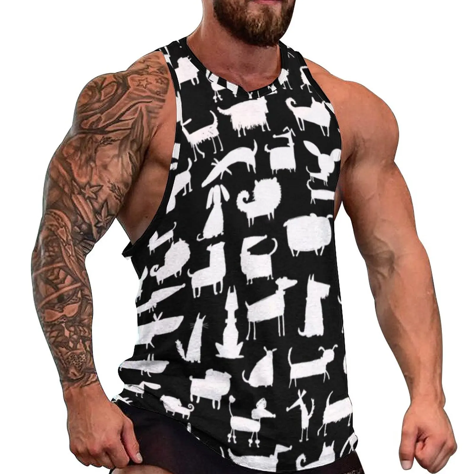

White Animal Silhouette Tank Top Males Dogs Print Bodybuilding Oversized Tops Summer Fashion Custom Sleeveless Shirts