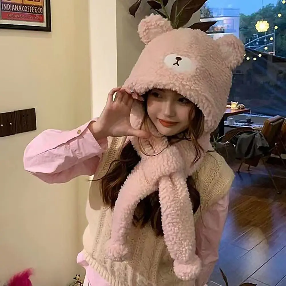 

Комплект из шапки и шарфа с милым медведем, удобные зимние теплые плюшевые шапки без козырька, теплый шарф для женщин и девочек