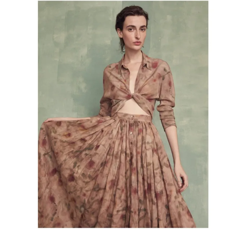 

23 Spring/Summer Cor * Cloud Mist Halo Dyed Dry Rose Printed Silk Shirt+Ramie Half Skirt Set