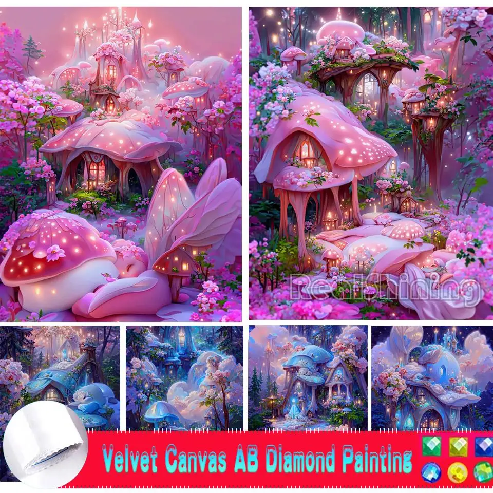 

AB Velvet Canvas Diamond Painting Fantasy Flower Mushroom House Castle Scenery Diamond Embroidery Rhinestone DIY Princess Decor
