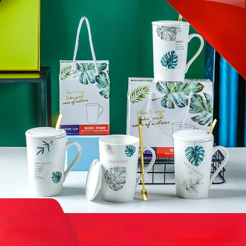 

Creative Ceramic Mug Gift Box Couple Water Cup Simple Coffee Cup With Lid Advertising Small Gift With Hand Gift Box