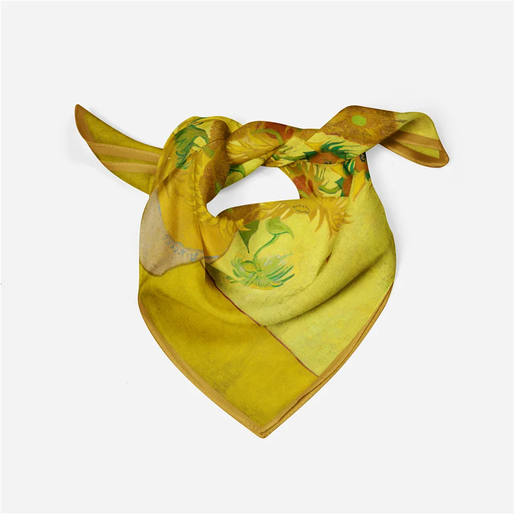 

Женский саржевый шелковый шарф с рисунком Ван Гога, квадратные шарфы 53 см, бандана, хиджаб, шарфы, повязка на голову, шейный платок