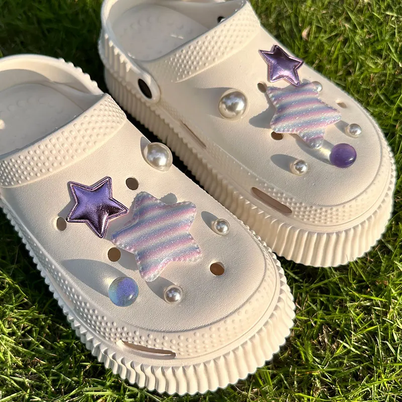 Romantic Pearls Stripe Stars Shoes Charms Vintage Purple Starry Sky Shoe Clogs Accessories Cute Adornment Y2K Jewelry Wholesale