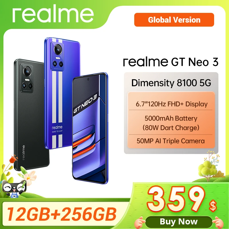 Global Version Realme GT NEO 3 5G 8+256 80W Smartphone 5000mAh Battery Dimensity 8100 6.72