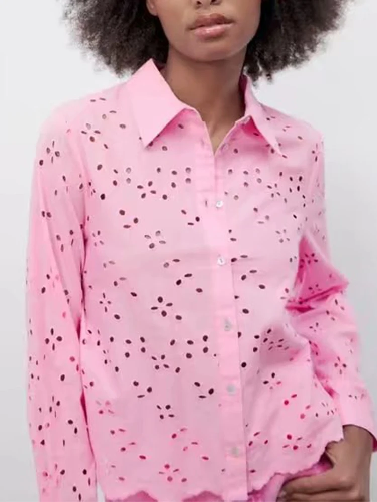 

Summer Women Embroidery Blouse 2022 Solid Casual Turn Down Collar Shirts Long Sleeve Vintage Single Breasted Fashion Chic Top