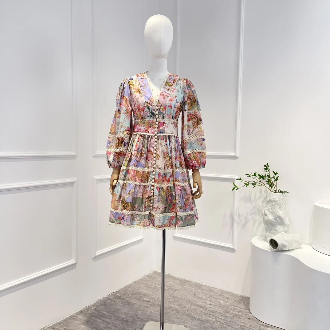

Новинка 2023, элегантное женское мини-платье из чистого хлопка с цветочным принтом