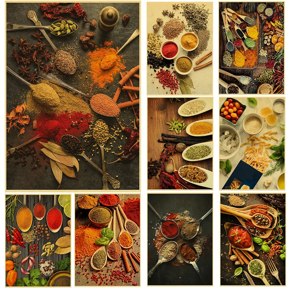 

Grains Spices Spoon Peppers Canvas Print Posters Kraft Art Picture Cartoon For Dining Room Art Pictures Home Bedroom Painting