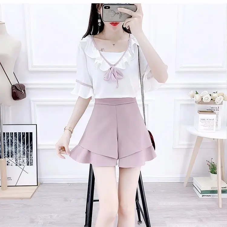 

2022 Summer Women's New Two-piece Sets Female Sweet Short Sleeve Chiffon Shirt + High Waist Wide Leg Shorts Ladies Suits R136