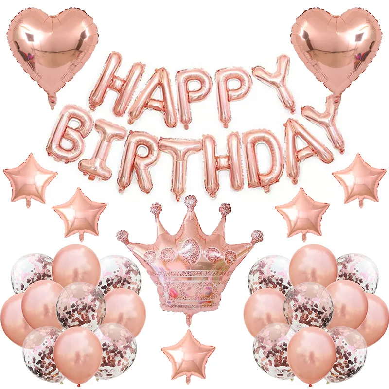 

Happy Birthday Letter Aluminum Film Balloon Set Birthday Party Decoration Latex Balloon Package Girls Pink Gold Crown Balloons