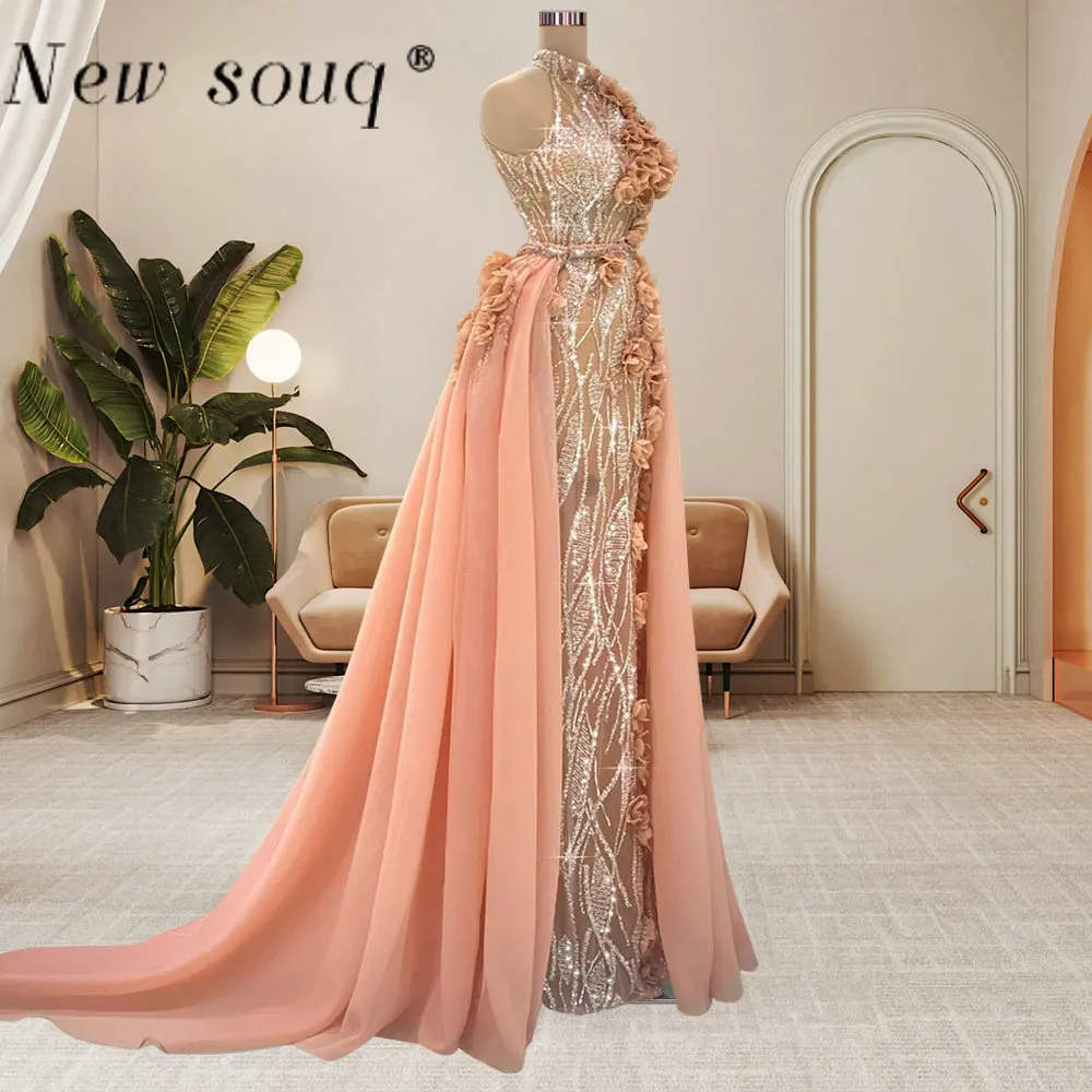 

Peach Mermaid Halter Neck Arabic Long Evening Dresses with Detachable Train Handmade Flowers Elegant Sexy For Women Party Gowns