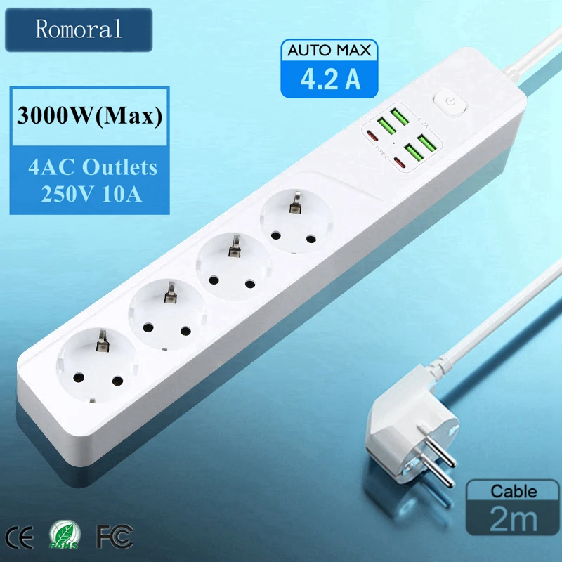 

3000W Power Strip EU Plug Socket Adapter Network Filter Type C USB 4.2A Charging Port Outlets 2M Cable Extension for Home Office