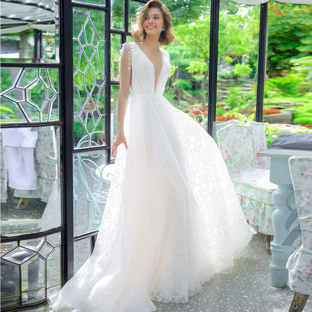

Backless Wedding Dress For Bride 2022 Deep V-Neck Sleeveless A-Line Bridal Gown Boho Lace Appliques Vestido De Noiva Custom Made