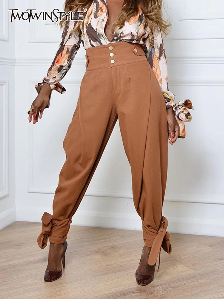 

TWOTWINSTYLE High Street Pants Female Gathered Waist Patchwork Ruched Long Trousers For Women Autumn Clothing Style 2022 Vintage