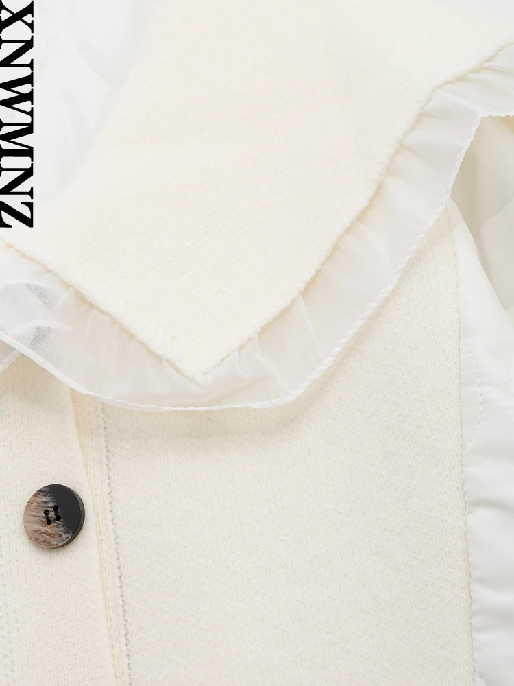 XNWMNZ Women Fashion Winter Warm Knitted Patch Padded Jacket Coat Woman Vintage Lapel Long Sleeve Pocket Female Chic Outerwear