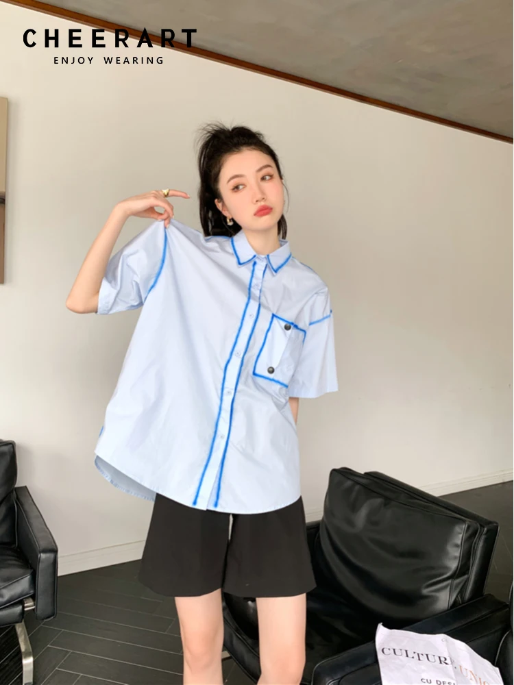

CHEERART Designer Short Sleeve Shirts For Women 2022 Summer Top Light Blue Button Up Collared Shirt Blouse Fashion Clothing