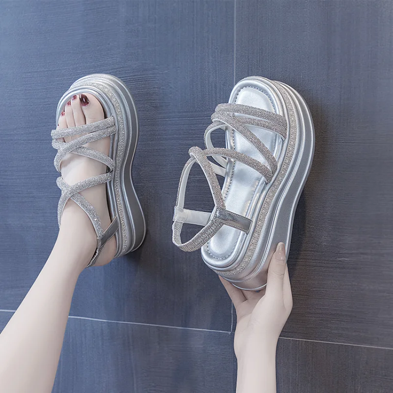 Rhinestone Sandals 2023 Summer Clear Heels Female Shoe Med Mid-Calf Strap Girls Medium Beige New Comfort Gladiator Beach Fashion