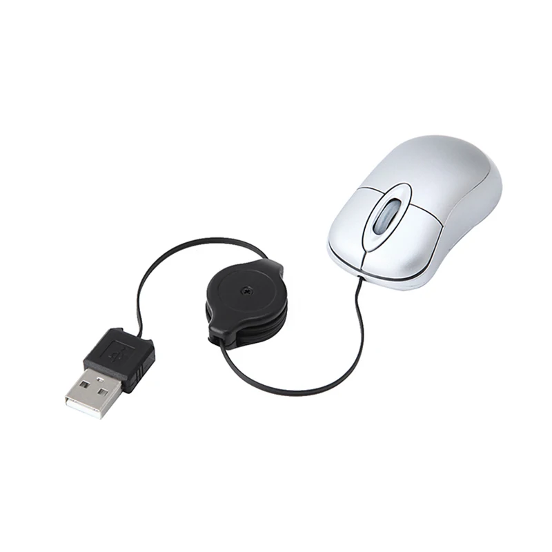 Фото Миниатюрная USB Проводная мышь с выдвижным кабелем, миниатюрная маленькая мышь 1600 DPI, оптическая компактная дорожная мышь для 98 2000 XP Vista Ve (Серебристая) №3