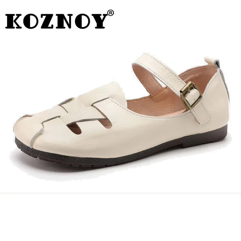 

Koznoy 2cm Retro Ethnic Checkered Weave Genuine Leather Summer Women Slip on Oxford Soft Soled Hollow Comfy Buckle Strap Shoes