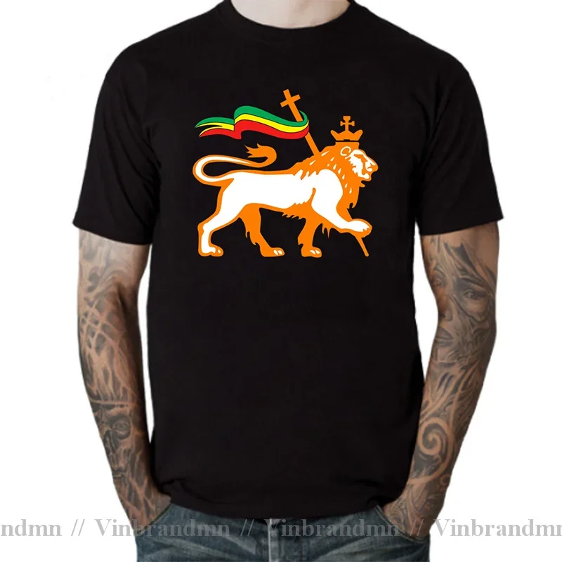 Novelty Red Yellow Green Stripes Rasta Lion of Judah T Shirt men Rastafarian Reggae Ethiopian Flag T-Shirt Jamaica Clothing