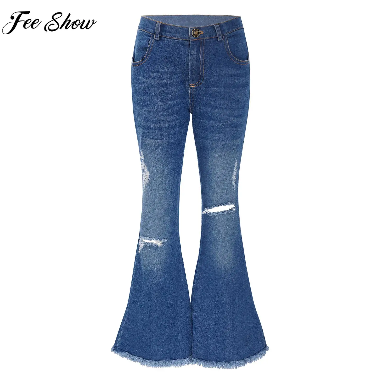 

Kids Girls Casual Stretch Jeans Fashion Korean Ripped Denim Bell-bottom Long Pants Children Preppy Style Trouser Streetwear