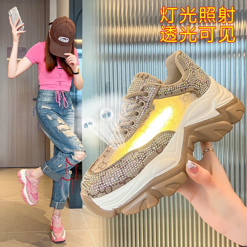 2023 NewWomen Shoes  Rhinestone Women Sneakser Diamond Breathable Luxury Designers Casual Thick Bottoms Dad Shoes Zapatos Mujer