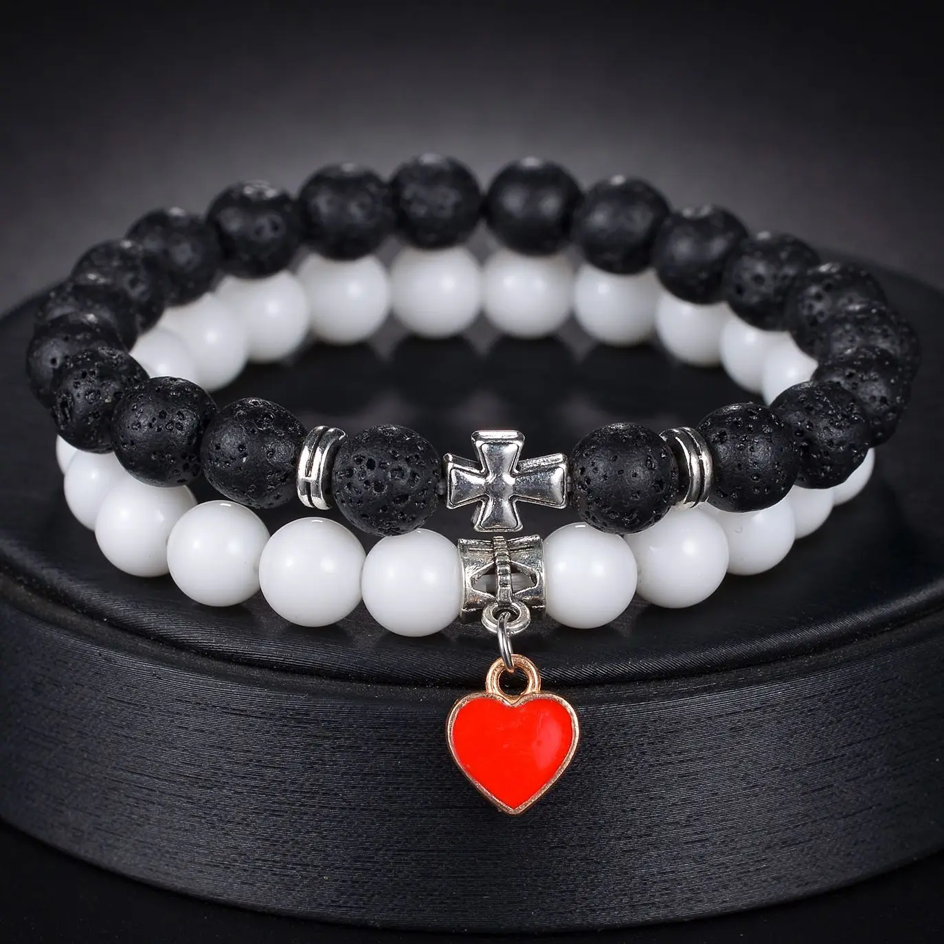 

MeMolissa 8mm Beaded Bracelets Natural Lava Stone Red Heart Cross Bracelet Set for Men Women Friend Gift Charm Jewelry