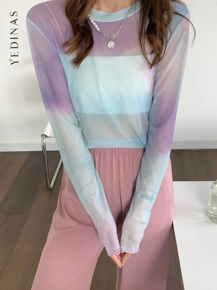 

Yedinas градиентные сетчатые Топы Просвечивающая Футболка женская одежда с длинным рукавом 2022 Весенняя корейская мода футболка женская гранж