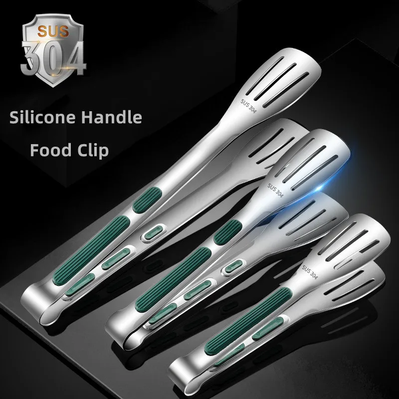 

7/9/12inch 304 Stainless Steel Food Clip BBQ Grill Steak Food Clip Silicone Non-slip Handle Bread Tong Party Kitchen Accessories