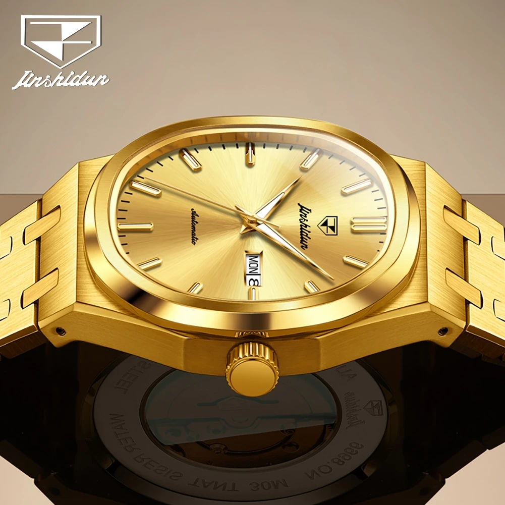 Фото Мужские часы JINSHIDUN 8966 Luxury, модные квадратные часы с металлическим браслетом, автоматический механический механизм, двойной календарь, деловые часы для мужчин. №3