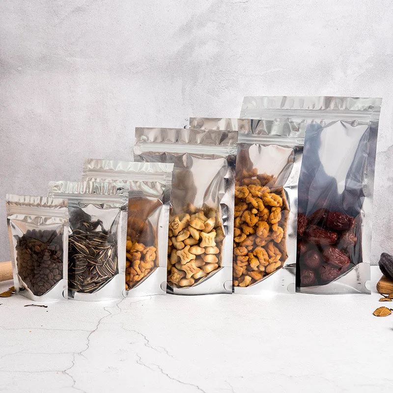 

50pcs Silver Aluminum Foil Stand up Self-sealing Zipper Transparent Sealed Bag Food Packaging