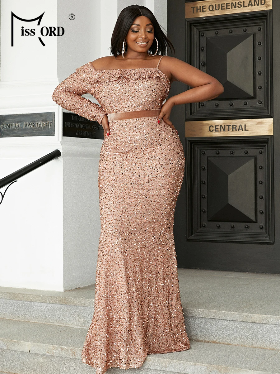 Missord PLUS SIZE Belted Sequin Dress Maxi Off Shoulder women clothing Summer even parti Sexy Prom Elegant Curve Formal Dresses