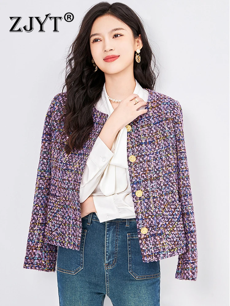 

Женская твидовая шерстяная куртка ZJYT, элегантная однобортная короткая верхняя одежда с круглым вырезом, Офисная повседневная одежда для осени