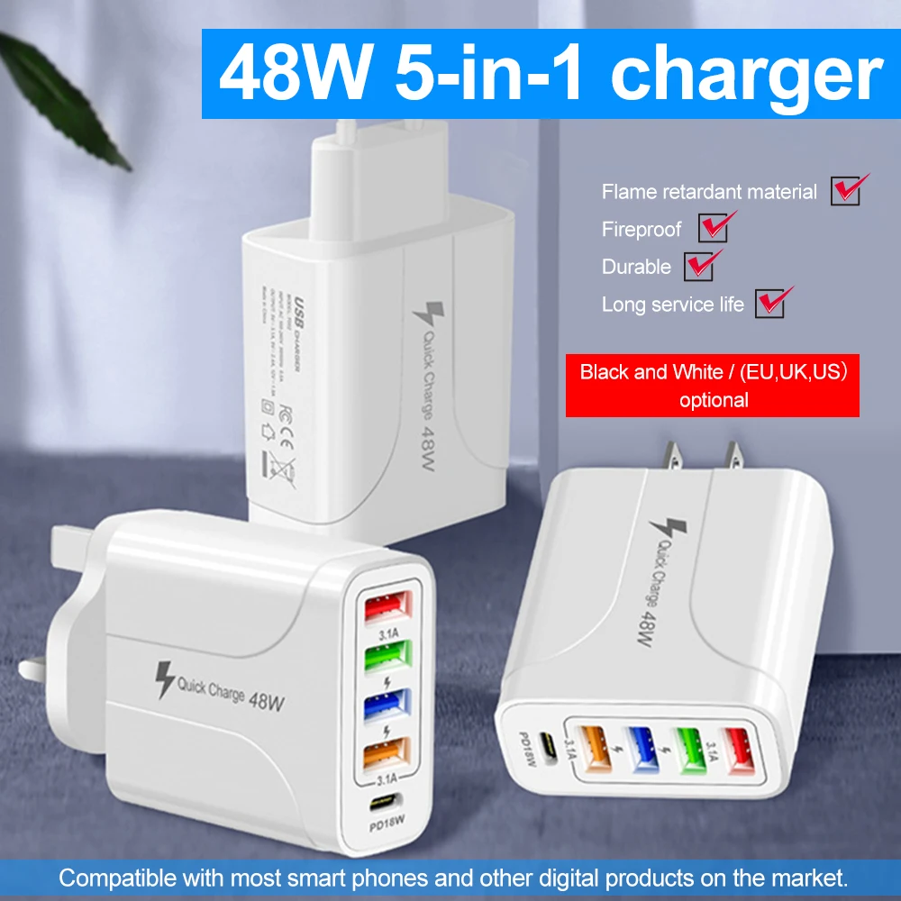 

5 Ports 48W Charger QC3.0 PD 18W Quick Charger 4USB 3.1A Fast Charging Power Adapter USB Charger For iPhone 11 12 Samsung Huawei