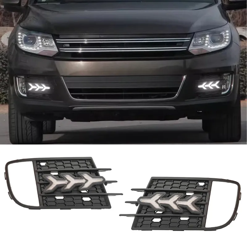 Фото Для Volkswagen Tiguan 2013 2014 2015 2016 2017 Автомобильные светодиодные дневные ходовые огни Передние противотуманные фары DRL Желтый Dymanic указатель поворота №1