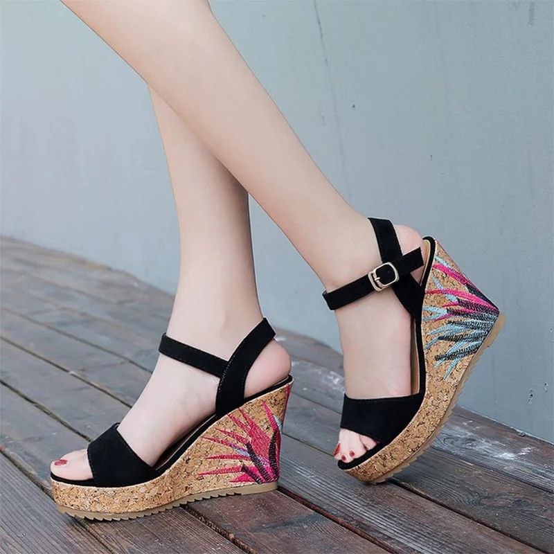 

Fashion Summer Ladies Wedge Sandals with Buckle Flocking Solid Printing Shoes Thick-soled Fish Mouth Sandalias De Las Mujeres