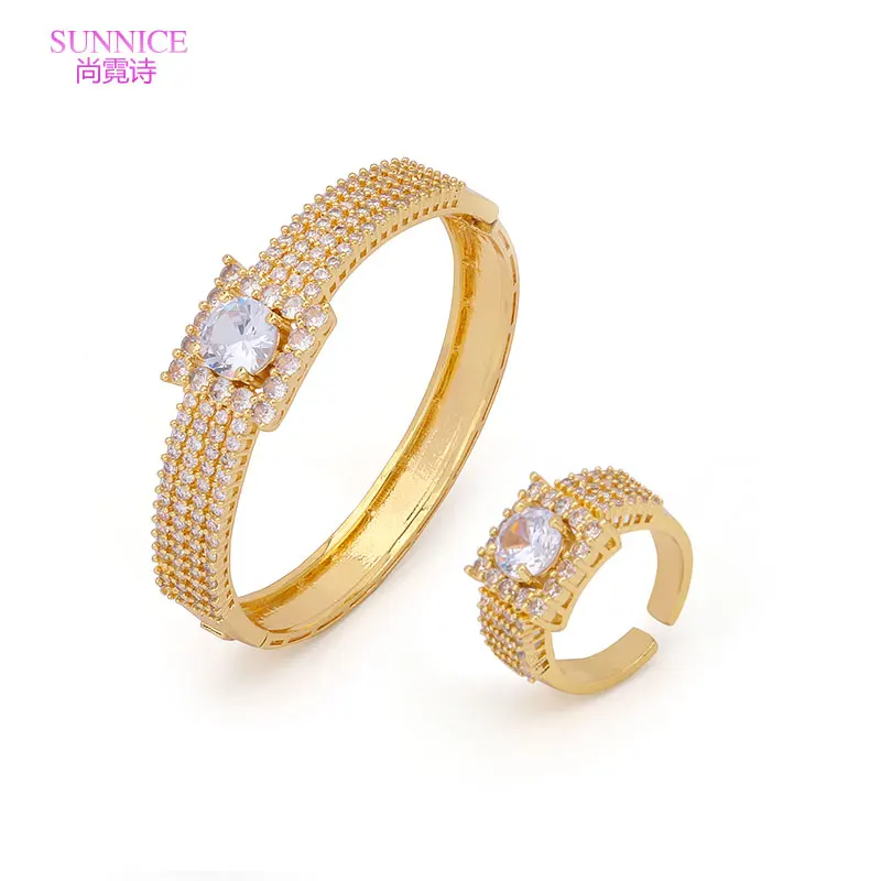 

SUNNICE 18k Gold Plated Luxury White Color Large Zircon Dubai Cuff Bracelet for Wedding Fashion African Bangles Ring Sets