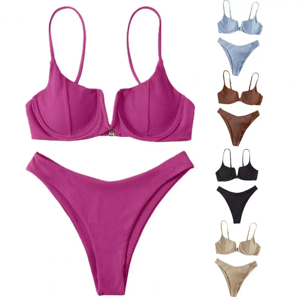 

2Pcs/Set Women Bikini Set Padded Whorl Textre Solid Color V Neck Backless Women Bathing Suit Swimming Wear 2022 Female Clothes