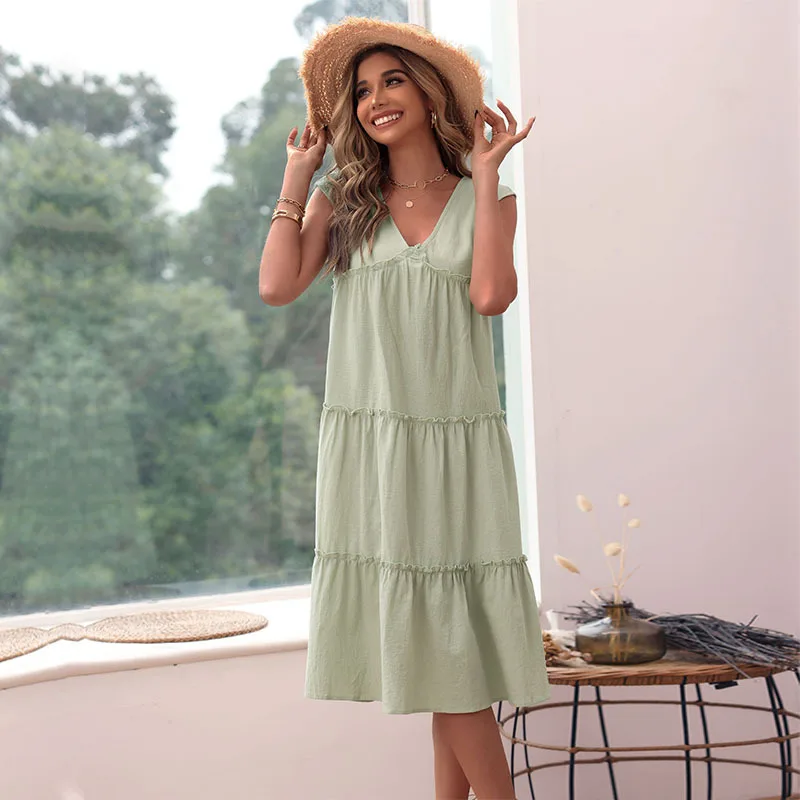 

New Summer Cake Skirt Loose Pleated Cotton Linen Sleeveless A-line Dress