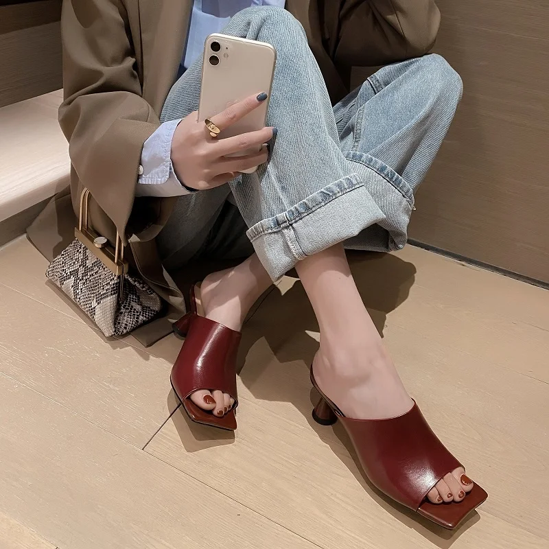 

Slippers Women's Summer Strange Heel Woman Open Toe Modern Sandals Cowhide Real Leather Fashion Pumps Casual Slipper