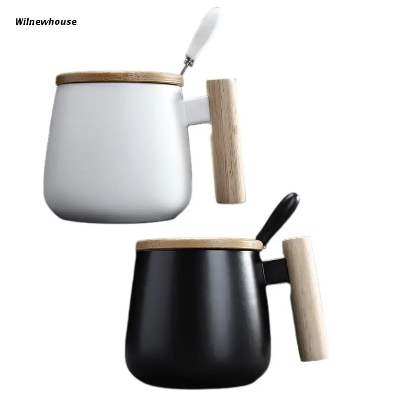 

F63A Wooden Handle Ceramic Mug Home Office Tea Milk Coffee Cup with Lid and Stainless Steel Spoon 400-500ml Drink Ware Teacup