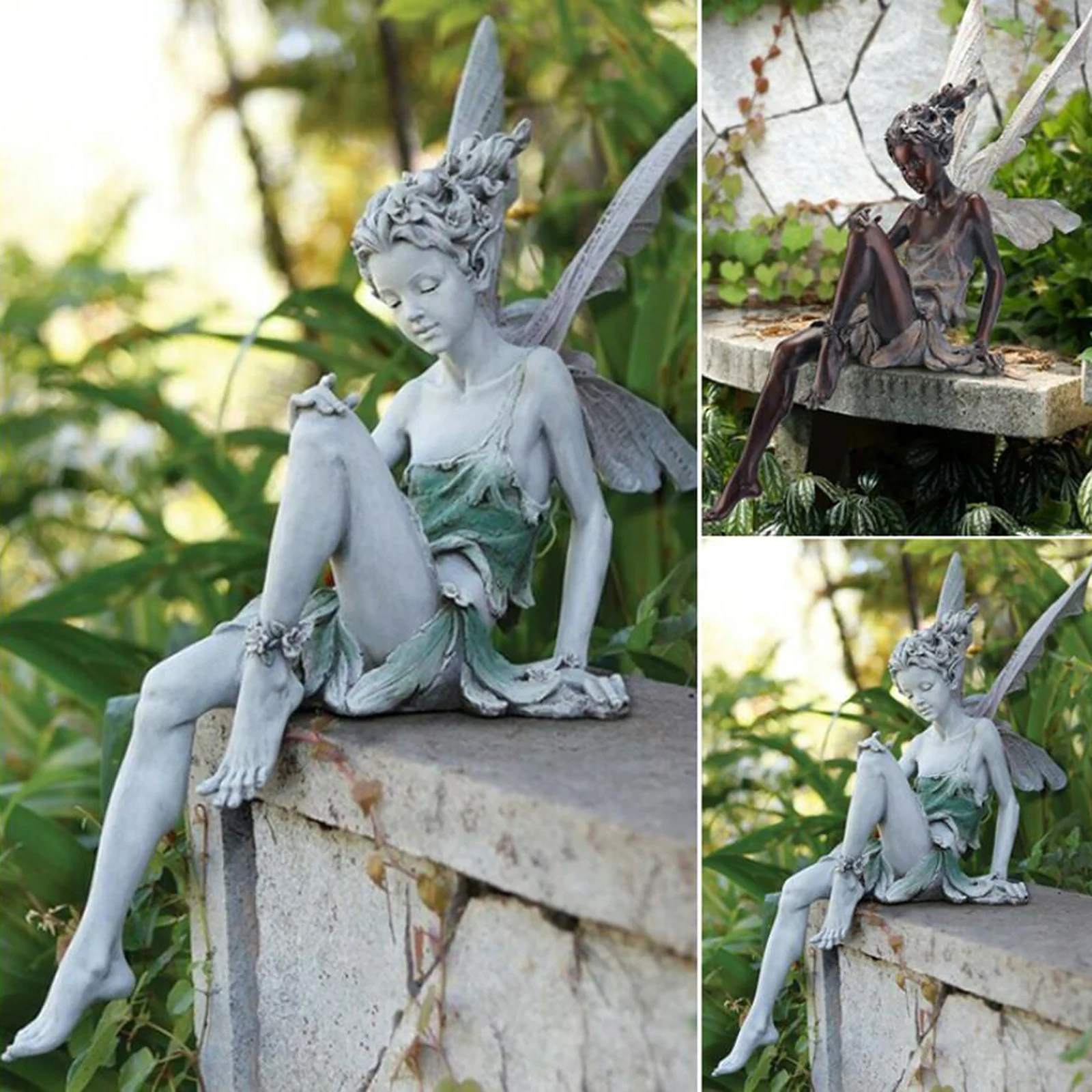 Flower Fairy Statue Sitting Art Sculpture Figurines Garden Ornament Angel Wings Resin Craft Landscaping Home Decoration Outdoor