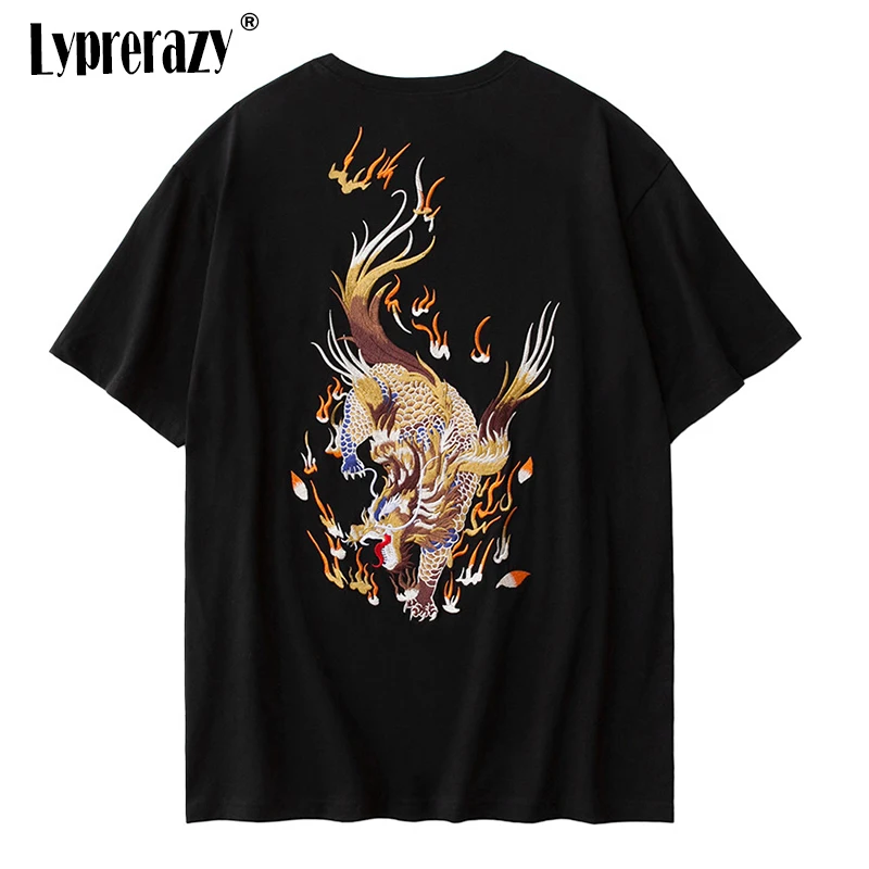 

Lyprerazy Embroidery Kirin Chinese Dragon Pattern National Tide Short-sleeved T-shirt Men's Loose Cotton Large Size T Shirts