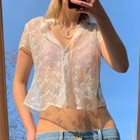 weekeep summer light lace mesh perspective shirt top girlish casual short sleeved cardigan jacket fashion
